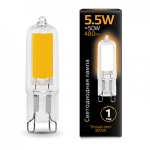 Лампа светодиодная Gauss G9 AC220-240V 5.5W 480lm 3000K Glass 1/10/200
