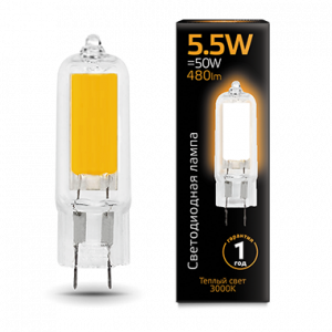 Лампа светодиодная Gauss G4 AC220-240V 5.5W 3000K Glass 1/10/200