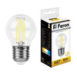 Лампа сд Е27 G45  5W 2700K филамент шар прозрач. LB-61 Feron