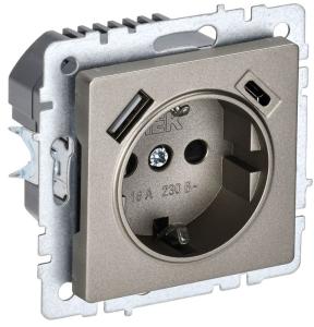 Розетка 1-м 16А С/У З/К со шторками+USB A+С 18Вт Шампань Brite